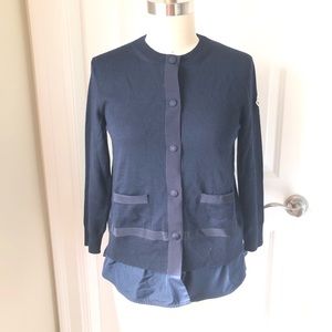 Moncler Navy Pleated Back 3/4 Sleeve Cardigan